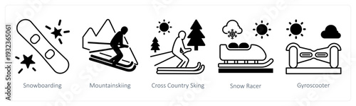 A set of 5 mix icons as snowborading, mountainskiing, cross country sking in black color