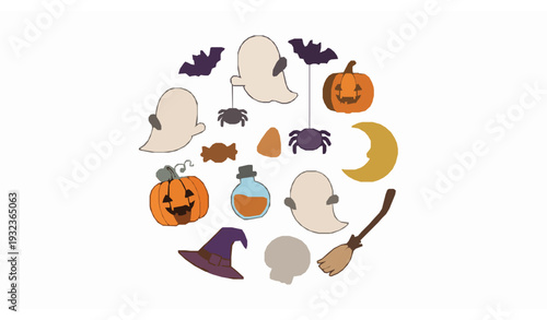 Adorable Halloween cartoon vector collection with pumpkins ghosts bats spiders and witch hat
