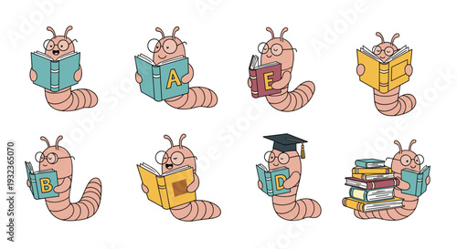Charming set of cute cartoon bookworm characters enjoying reading various books with glasses and graduation caps.