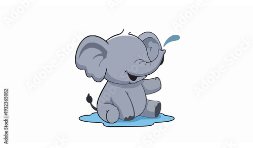 Cute happy baby elephant splashing water cartoon vector character playing in puddle
