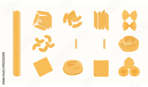 Italian pasta shapes vector collection with spaghetti penne fusilli farfalle and ravioli