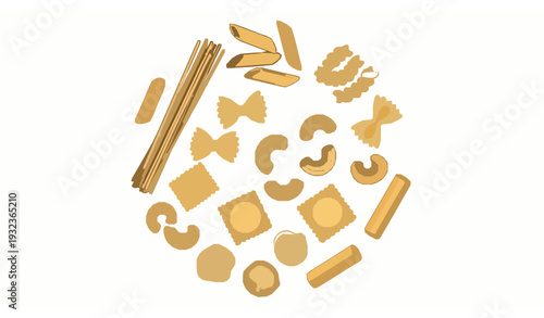 Assorted Italian pasta vector set featuring spaghetti penne fusilli ravioli and farfalle