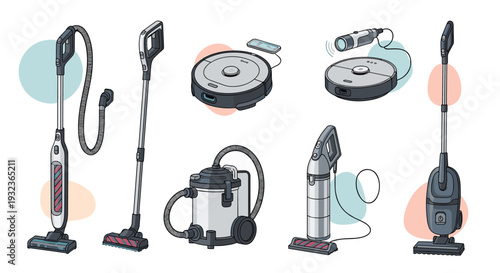 Versatile collection of modern household vacuum cleaners including upright canister and smart robotic models.