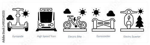 A set of 5 mix icons as gyropode, high speed train, electric bike in black color