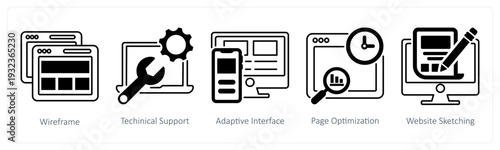 A set of 5 mix icons as wireframe, technical support, adaptive interface in black color