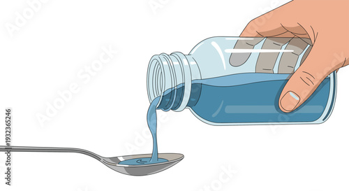 Blue liquid medicine being poured from a glass bottle into a metal spoon for a medical dose against a white background.