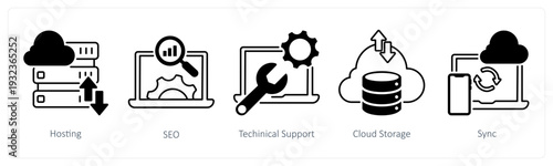 A set of 5 mix icons as hosting, seo, technical support in black color