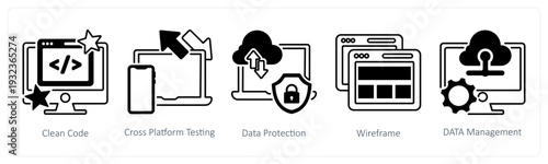A set of 5 mix icons as clean code, cross platform testing, data protection in black color