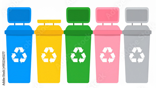 Colorful Recycling Bin Collection – Flat Vector Icons for Waste Segregation: Plastic, Paper, Glass, Organic, and Metal