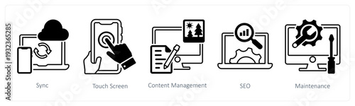 A set of 5 mix icons as sync, touch screen, content management in black color