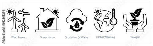 A set of 5 mix icons as wind power, green house, circulation of water in black color