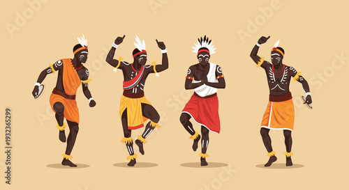 Group of African tribal dancers in traditional costumes performing a ritual dance with body paint and feathers.