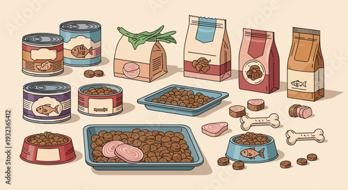 Diverse collection of pet food packaging including canned food dry kibble bags treats and feeding bowls for pets.