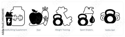 A set of 5 mix icons as bodybuilding supplement, diet, weight training in black color