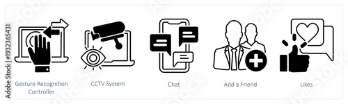 A set of 5 mix icons as gesture recognition controller, cctv system in black color