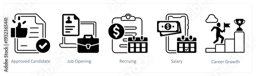 A set of 5 mix icons as approved candidate, job opening, reccuring in black color