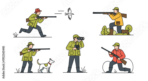 Set of professional hunters in various action poses with shotguns hunting dogs and binoculars in the outdoors.