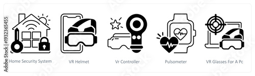 A set of 5 mix icons as home security system, vr helmet, vr controller in black color