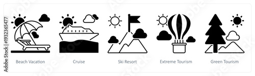 A set of 5 mix icons as beach vacation, cruise, ski resort in black color