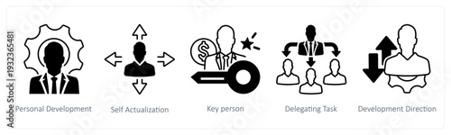 A set of 5 mix icons as personal development, self actualization, key person in black color