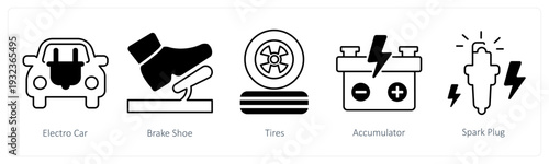 A set of 5 mix icons as electro car, brake shoe, tires in black color