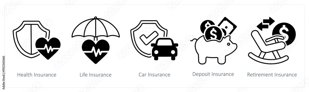 Fototapeta premium A set of 5 mix icons as health insurance, life insurance, car insurance in black color