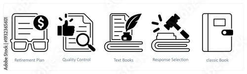A set of 5 mix icons as retirement plan, quality control, text book in black color