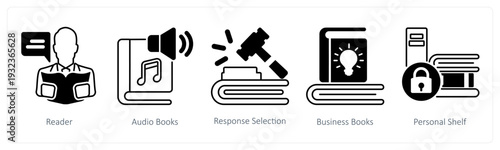 A set of 5 mix icons as reader, audio books, response selction in black color