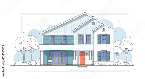 Architectural illustration of a large modern two-story suburban house with a blue facade, white trim, and a bright orange front entry door.