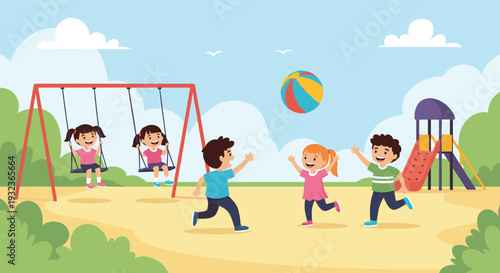 Happy group of diverse children playing together in a sunny outdoor playground with swing sets, a slide, and a colorful beach ball.