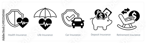A set of 5 mix icons as health insurance, life insurance, car insurance in black color