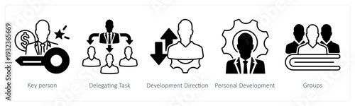 A set of 5 mix icons as key person, delegating task, development in black color