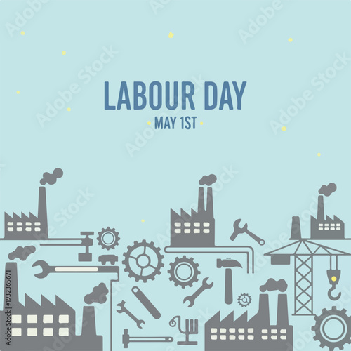 A festive illustration for Labor Day, with factories, tools, and a date