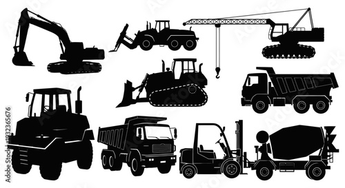 Construction Vehicle Silhouettes Collection: Excavator, Bulldozer, Crane, Truck, Loader