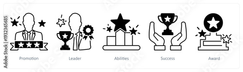 A set of 5 mix icons as promotion, leader, abilities in black color