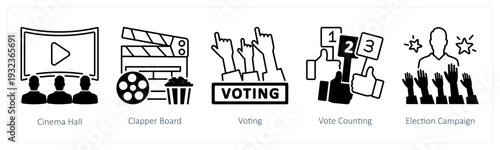 A set of 5 mix icons as cinema hall, clapper board, voting in black color
