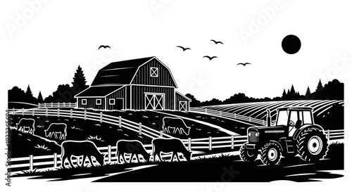 Farm Scene with Barn, Cows, Tractor and Fields - Black and White Illustration