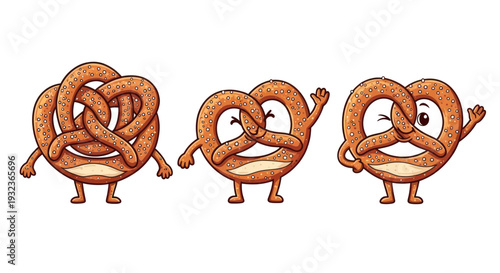 Funny Cartoon Pretzels with Arms and Legs, Waving and Winking