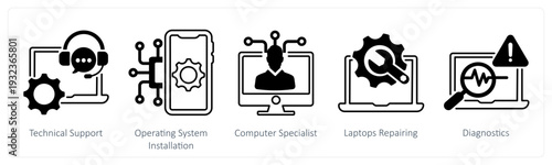 A set of 5 mix icons as technical support, operating system installation in black color