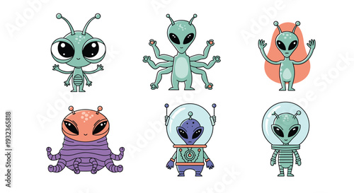 Set of cute and quirky alien characters with multiple arms, large eyes, space helmets, and unique extraterrestrial features in various colors.