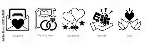 A set of 5 mix icons as invitations, wedding vows, decoration in black color