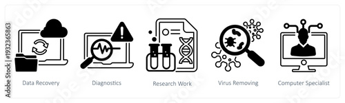 A set of 5 mix icons as data recovery, diagnostics, research work in black color