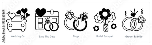 A set of 5 mix icons as wedding car, save the date, rings in black color