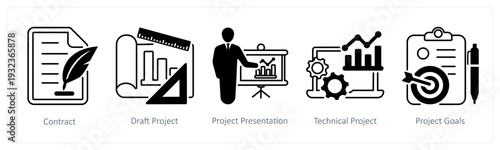 A set of 5 mix icons as contracts, draft project, project presentation in black color