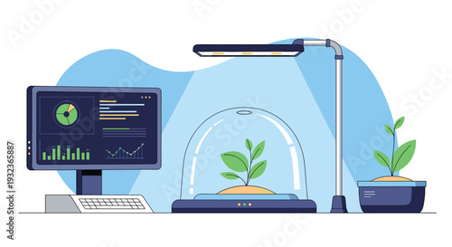 Advanced agricultural technology setup with a plant inside a glass dome monitored by a computer screen showing growth data and charts.
