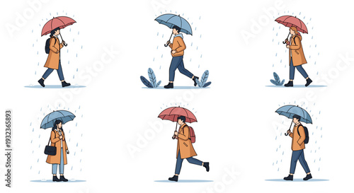 People wearing coats and carrying umbrellas walking through the rain in various directions showing seasonal autumn or spring weather.