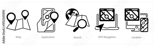 A set of 5 mix icons as map, application, search in black color