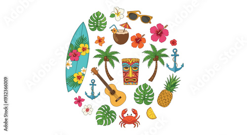 Circular composition of Hawaiian and tropical summer icons featuring a surfboard, tiki mask, ukulele, hibiscus flowers, and palm trees.