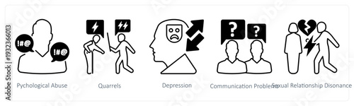 A set of 5 mix icons as psychological abuse, quarrels, depression in black color
