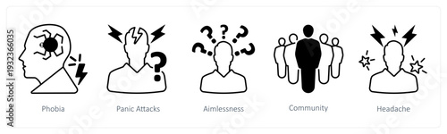 A set of 5 mix icons as phobia, panic attacks, aimlessness in black color